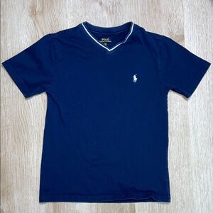Polo Ralph Lauren Navy White Stripe Trim V-Neck T-Shirt Boy’s size Small EUC
